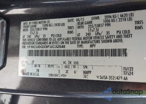 2015 Ford Escape Se from USA, damaged, VIN 1FMCU0GX9FUC32548